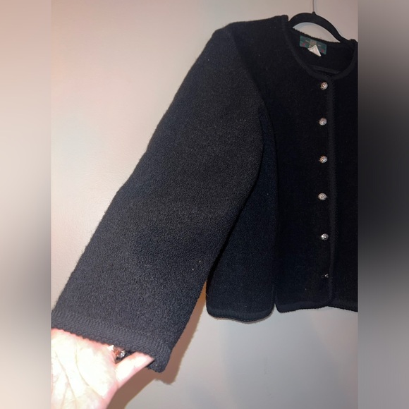 ORVIS Women's Boiled Wool Sweater BLACK Cardigan Silvertone Button Front Size 16 - Picture 2 of 6